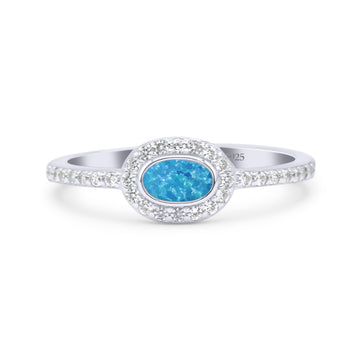 Halo Oval Petite Dainty Thumb Ring Lab Created Blue Opal Statement Fashion Ring Solid 925 Sterling Silver